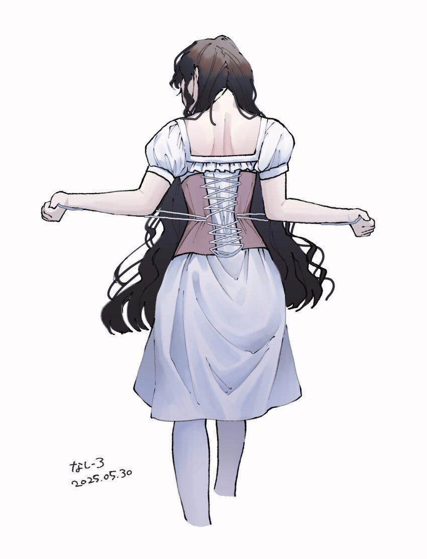 1girl black_hair corset cropped_legs cross-laced_clothes cross-laced_corset dress facing_away feet_out_of_frame from_behind head_down highres isolde_(reverse:1999) long_hair medium_dress nashiro_(v0_llp) pantyhose pink_corset puffy_short_sleeves puffy_sleeves reverse:1999 short_sleeves solo tying_corset very_long_hair white_dress white_pantyhose