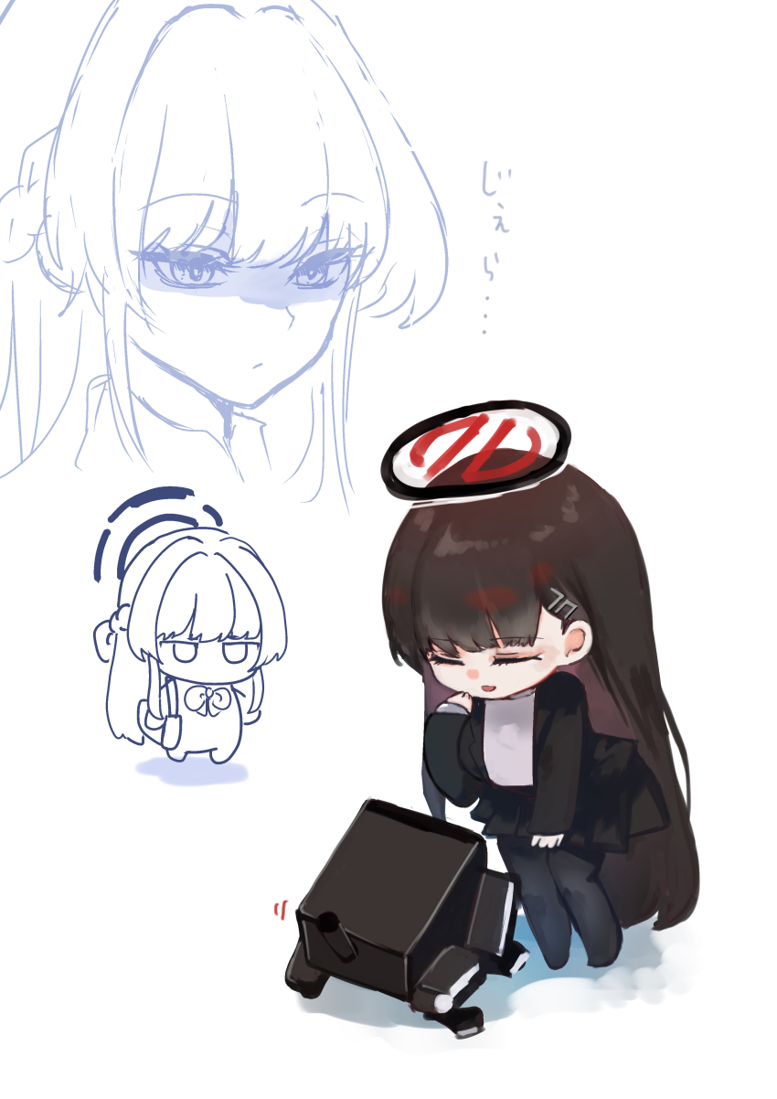 2girls absurdres angry bag bent_over black_hair black_jacket black_pantyhose black_skirt blue_archive bow bowtie closed_eyes closed_mouth drone hair_between_eyes hand_to_own_mouth highres holding holding_bag jacket koyuuuuuuuuuuu laughing long_hair looking_at_another multiple_girls open_mouth pantyhose partially_colored rio_(blue_archive) shaded_face shirt sidelocks skirt toki_(blue_archive) white_shirt