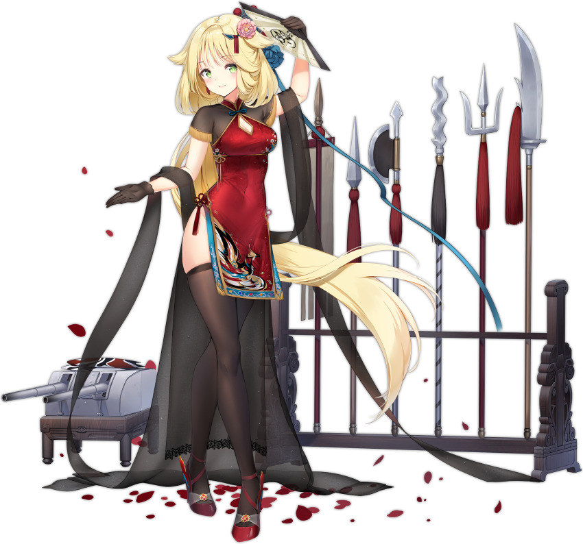 1girl 2020 arm_up aurora_(azur_lane) aurora_(heritage_of_yu_city)_(azur_lane) axe azur_lane black_gloves black_thighhighs blonde_hair blush breasts cannon china_dress chinese_clothes cleavage_cutout clothing_cutout crossed_legs dress flower folding_fan full_body gloves green_eyes guan_dao hair_flaps hair_flower hair_ornament hand_fan high_heels highres legs long_hair maya_g multiple_expressions multiple_weapons official_alternate_costume official_art outstretched_hand petals polearm ponytail red_dress red_pepper_earrings red_shoes ship_turret shoes smile solo spear tassel thighhighs thighs transparent_background trident very_long_hair watson_cross weapon weapon_rack