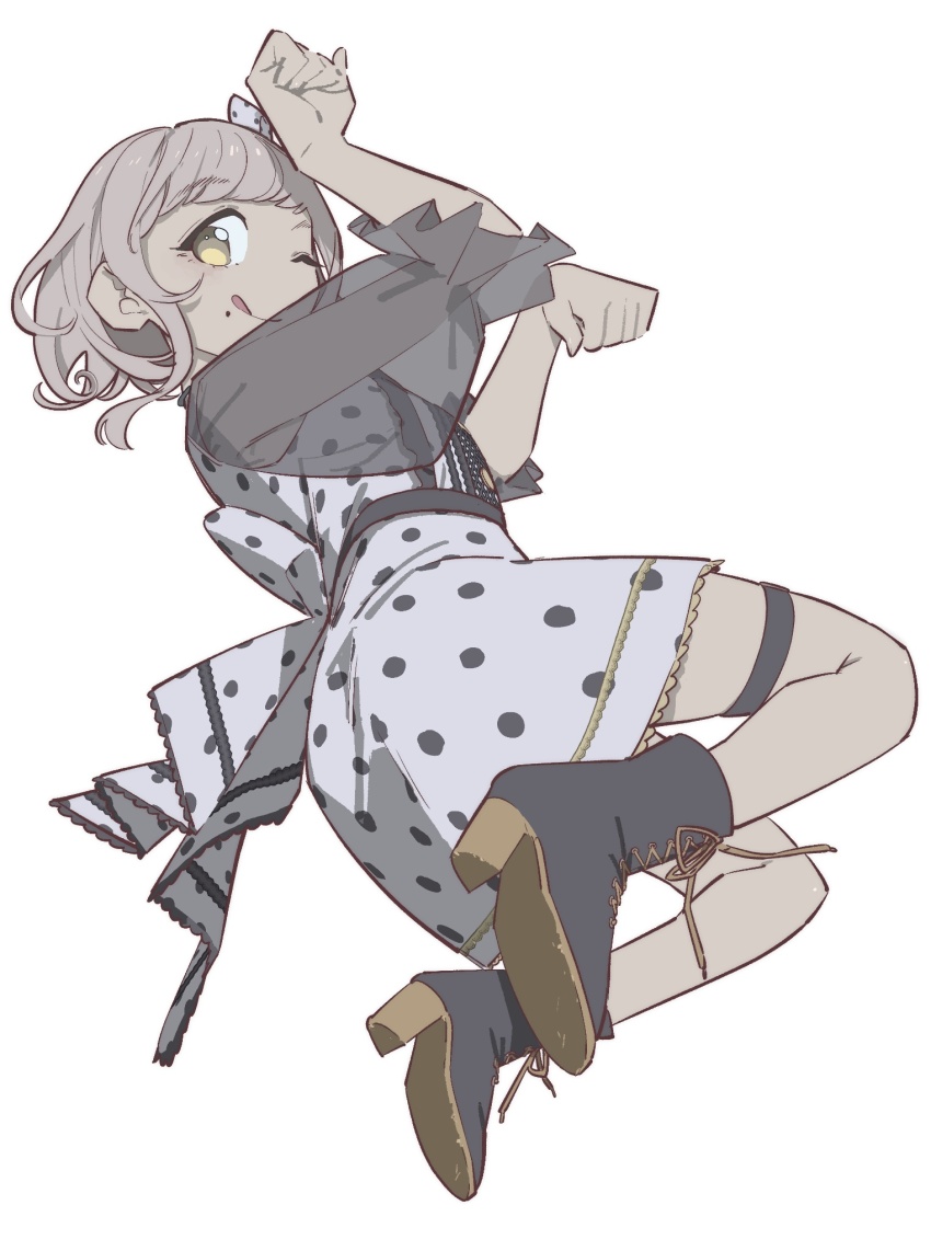 1girl black_boots boots closed_mouth dark-skinned_female dark_skin dress full_body grey_hair hands_up high_heel_boots high_heels highres kemura_(puripurinea) looking_at_viewer lying mole mole_under_mouth on_side one_eye_closed paw_pose polka_dot polka_dot_dress pretty_series pripara puffy_sleeves see-through_clothes see-through_sleeves short_hair smile solo taiyo_pepper tongue tongue_out white_background white_dress yellow_eyes