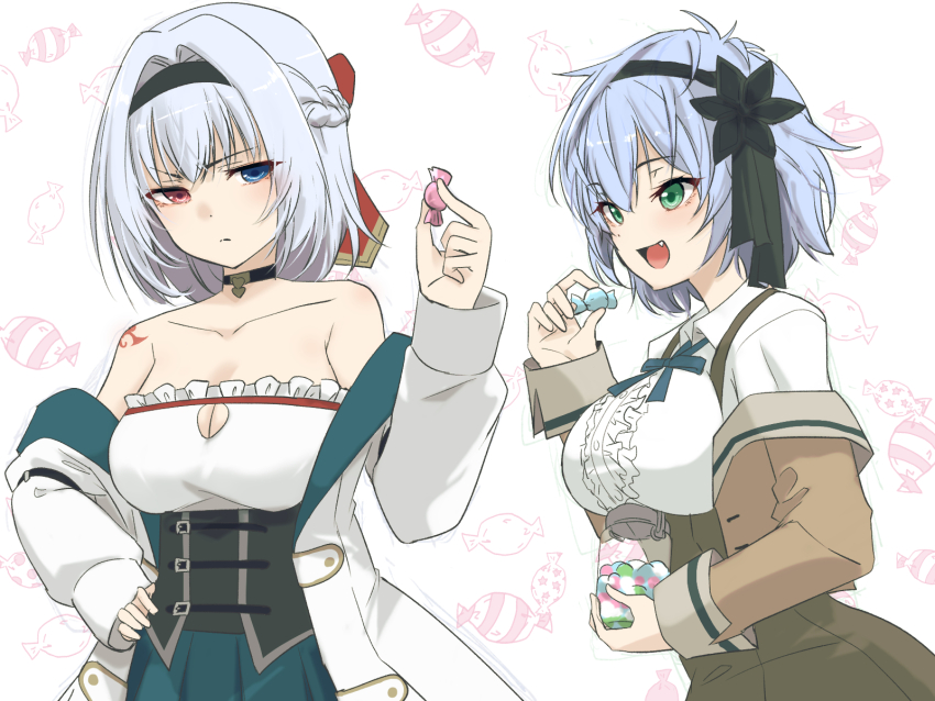 2girls :d assault_lily bare_shoulders belt belt_buckle black_belt black_choker black_flower black_hairband black_ribbon blue_eyes blue_hair blue_ribbon blue_sky bow_hairband braid breasts brown_skirt buckle buttons candy center_frills choker cleavage cleavage_cutout clothing_cutout collarbone collared_shirt commentary_request corset fang flower food food-themed_background frilled_shirt frills green_eyes grey_hair hair_between_eyes hair_flower hair_intakes hair_ornament hair_ribbon hairband half_up_braid hand_on_own_hip hand_up heart heart_choker herensuge_girls_academy_school_uniform heterochromia higashikuze_tokuko high-waist_skirt highres holding holding_candy holding_food holding_jar jacket jar large_breasts long_sleeves looking_at_another looking_at_food medium_hair multiple_belts multiple_girls neck_ribbon off_shoulder open_clothes open_jacket open_mouth pendant_choker pink_eyes ribbon school_uniform shirt shoulder_tattoo skirt sky sleeves_past_wrists smile strapless strapless_shirt suspender_skirt suspenders tattoo torii_miho underbust upper_body urutsu_sahari v-shaped_eyebrows white_background white_jacket white_shirt