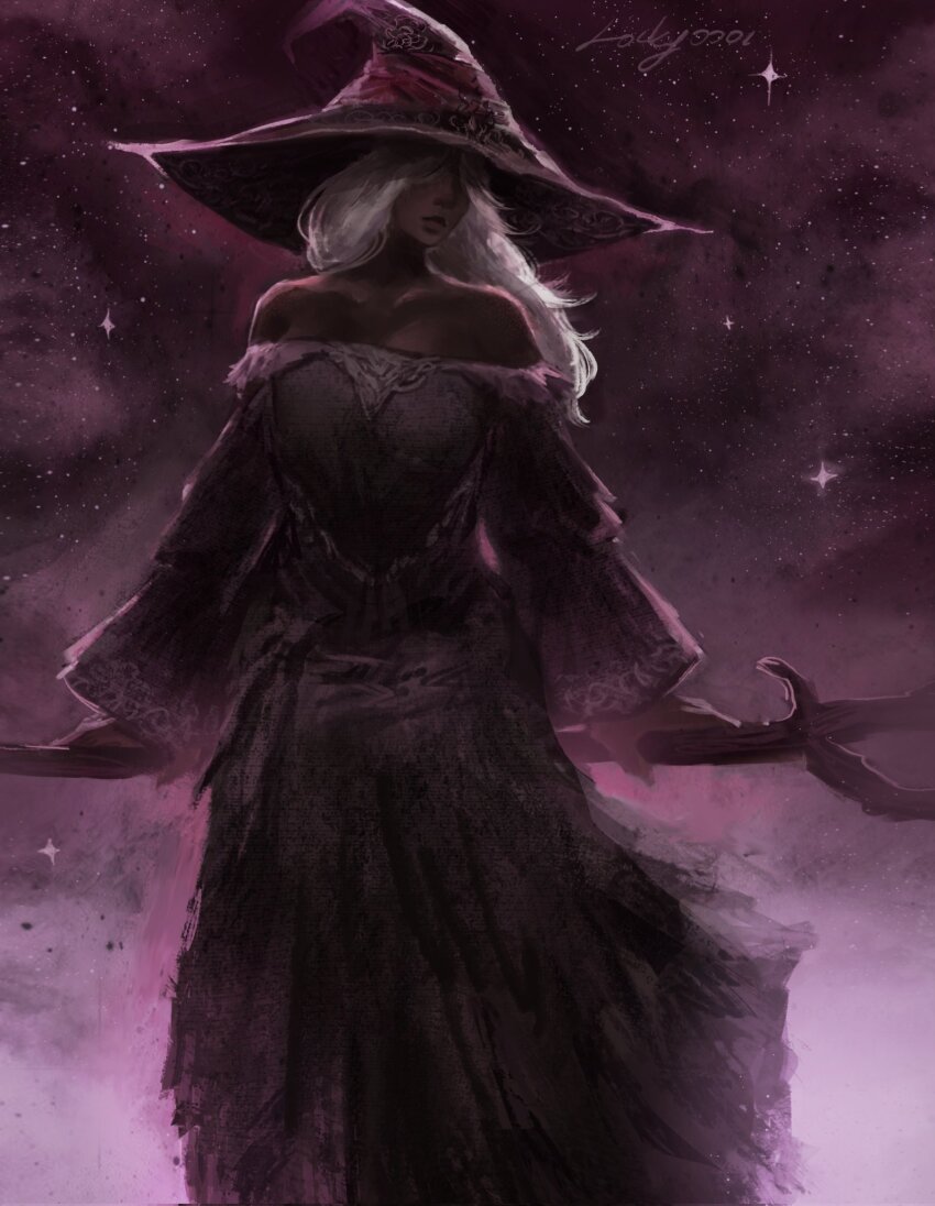 1girl bare_shoulders black_skin colored_skin elden_ring elden_ring_nightreign feet_out_of_frame full_body hat hat_over_eyes highres holding holding_staff large_hat locky0001 purple_hat purple_sleeves recluse_(elden_ring) simple_background solo staff standing witch witch_hat wooden_staff