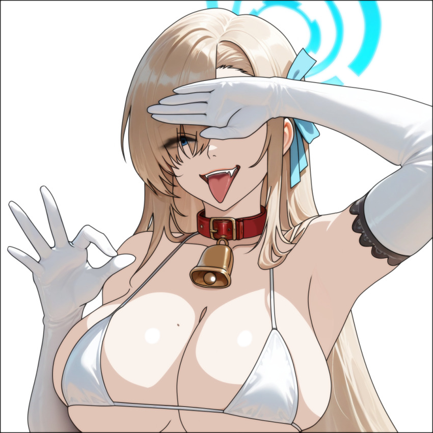 1girl animal_collar armpits asuna_(blue_archive) bare_shoulders bell bikini blonde_hair blue_archive blue_eyes blue_ribbon breasts cleavage collar covering_own_eyes devil_jone_qrit elbow_gloves fangs gloves hair_over_one_eye large_breasts long_hair mole mole_on_breast neck_bell open_mouth ribbon sidelocks solo swimsuit tongue tongue_out upper_body white_bikini white_gloves