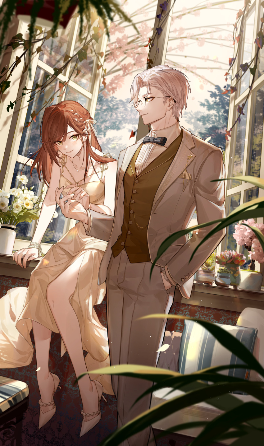 1boy 1girl absurdres black_bow black_bowtie blue_bow blue_bowtie bow bowtie breasts brown_eyes brown_hair brown_vest cleavage closed_mouth collared_shirt dress earrings flower formal_clothes glasses green_eyes grey_vest hand_in_pocket high_heels highres indoors jacket jewelry long_hair long_sleeves looking_at_viewer necklace pants plant qinnye rosa_(tears_of_themis) shirt short_hair sitting sleeveless sleeveless_dress smile tears_of_themis vest vyn_richter_(tears_of_themis) white_flower white_hair white_jacket white_pants white_shirt window yellow_dress