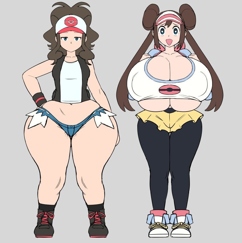 2girls absurdres ass black_pantyhose breasts brown_hair cleavage covered_erect_nipples crop_top curvy female_pubic_hair frown greyimpaction hair_bun heart heart_in_eye highres hilda_(pokemon) huge_ass huge_breasts huge_nipples midriff multiple_girls navel nintendo pantyhose pantyhose_under_shorts pokemon pokemon_bw pokemon_bw2 pubic_hair pubic_hair_peek rosa_(pokemon) short_shorts shorts stomach symbol_in_eye tagme thick_thighs thighs underboob wide_hips yellow_shorts