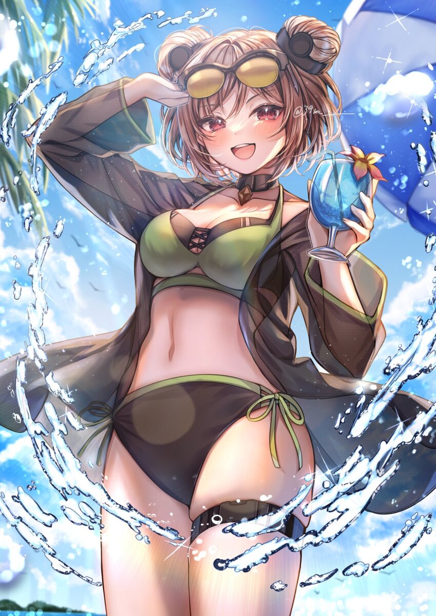 1girl :d arm_up beach_umbrella bikini black_bow blush bow brown_hair collarbone commentary commission cowboy_shot cup day double_bun english_commentary eyewear_on_head girls&#039;_frontline green_bikini hair_bow hair_bun highres holding holding_cup jacket long_sleeves looking_at_viewer mixed-language_commentary navel open_clothes open_jacket open_mouth outdoors p90_(girls&#039;_frontline) red_eyes sakura_(39ra) short_hair skeb_commission smile solo sunglasses swimsuit umbrella water