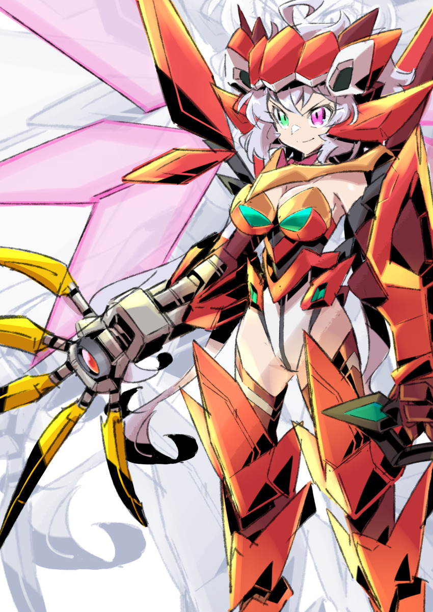 1girl armored_boots boots breasts cleavage code_geass cosplay energy_wings green_eyes grey_eyes guren_(code_geass) guren_(code_geass)_(cosplay) guren_mk-ii guren_s.e.i.t.e.n._eight_elements heterochromia highres leotard mecha_musume medium_breasts mutsuki_riichi open_hand purple_eyes senki_zesshou_symphogear smile solo thigh_boots thighhighs v-shaped_eyebrows yukine_chris
