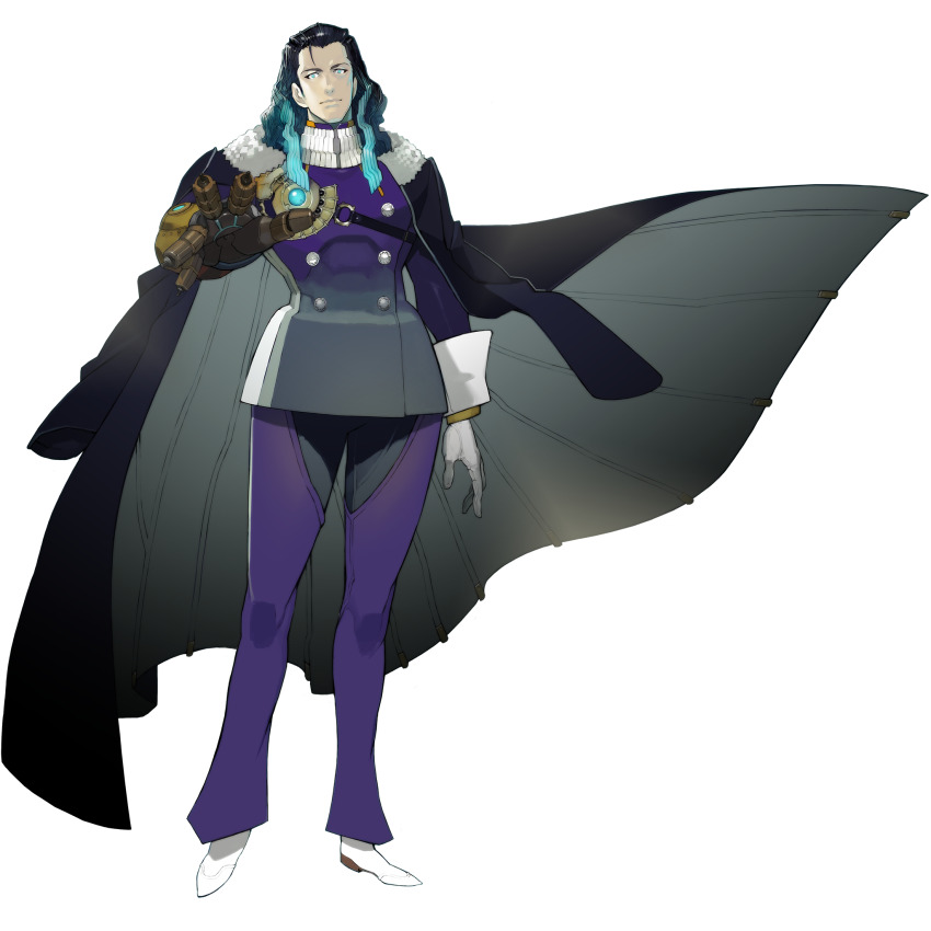 1boy black_hair blue_eyes blue_hair coat coat_on_shoulders fate/grand_order fate_(series) full_body fur-trimmed_coat fur_trim game_cg gloves gradient_hair hair_slicked_back highres jacket long_hair long_sleeves looking_at_viewer male_focus mechanical_arms multicolored_hair namaniku_atk nikola_tesla_(fate) official_art outstretched_hand pants shoes single_mechanical_arm smile solo standing tachi-e third-party_source transparent_background