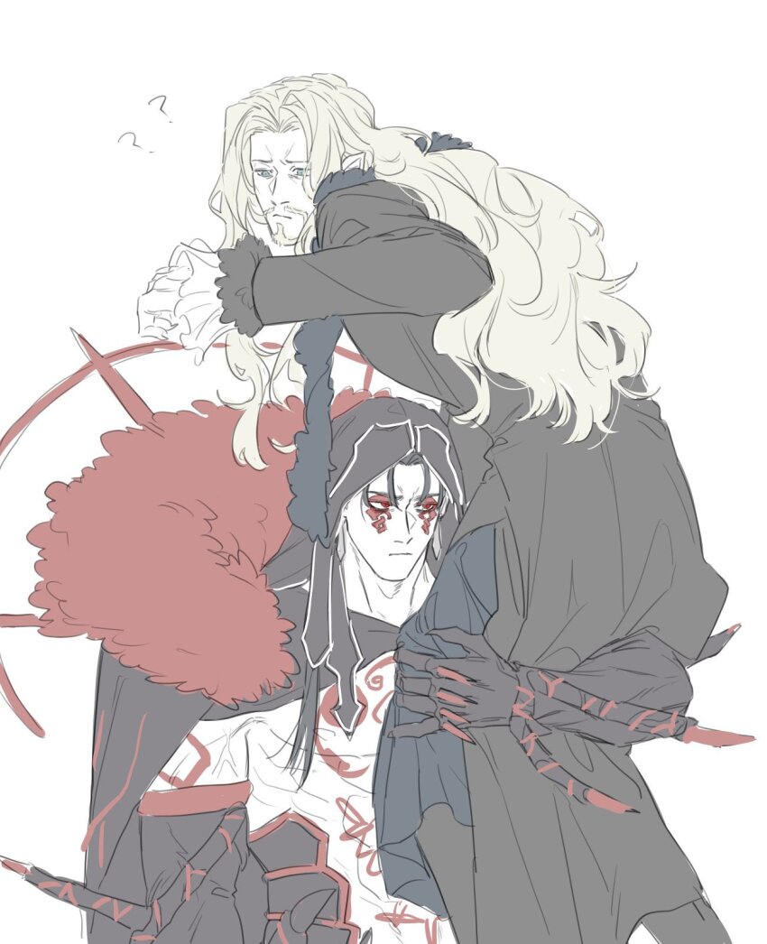 2boys ? bare_pectorals bbbb_fex bodypaint carrying carrying_over_shoulder carrying_person chest_tattoo confused cu_chulainn_(fate) cu_chulainn_alter_(fate) cu_chulainn_alter_(third_ascension)_(fate) detached_hood facepaint fate/grand_order fate_(series) hair_strand highres hood hood_up long_hair looking_at_another male_focus monster_boy multiple_boys pectorals red_eyes tattoo upper_body vlad_iii_(fate/apocrypha)