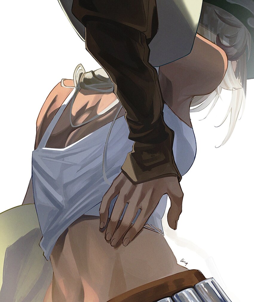 1girl argus_(reverse:1999) artist_name bare_shoulders blonde_hair brown_sleeves detached_sleeves from_behind hand_on_own_hip highres ling_(chaaaaanhikari) long_hair midriff reverse:1999 signature solo tank_top upper_body white_background white_tank_top