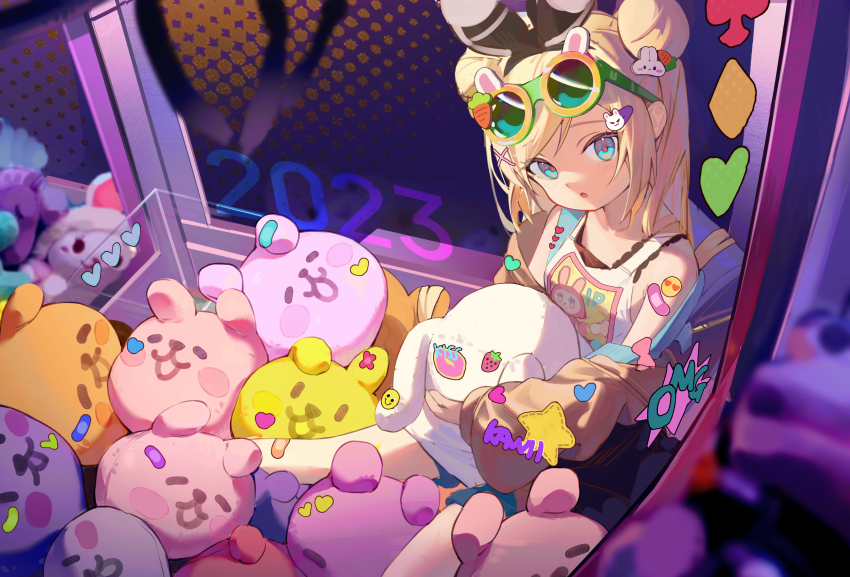1girl 2023 :o absurdres animal_ears backpack bag bare_shoulders black_hairband blonde_hair blue_eyes blush brown_jacket commentary crane_game double_bun eyebrows_hidden_by_hair eyewear_on_head green-tinted_eyewear hair_bun hairband highres jacket long_hair long_sleeves looking_at_viewer hugging_object off_shoulder open_clothes open_jacket original parted_lips puffy_long_sleeves puffy_sleeves rabbit_ears randoseru revision sleeves_past_wrists solo stuffed_animal stuffed_rabbit stuffed_toy swept_bangs tank_top tinted_eyewear wang_man white_tank_top yellow-framed_eyewear