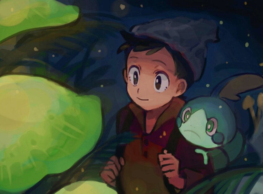 1boy beanie black_hair brown_eyes closed_mouth gen_8_pokemon grey_hat hat highres light_particles mushroom nintendo on_shoulder plant pokemon pokemon_(creature) pokemon_on_shoulder pokemon_swsh red_shirt shichibee_(stm_mimi) shirt short_hair smile sobble victor_(pokemon)