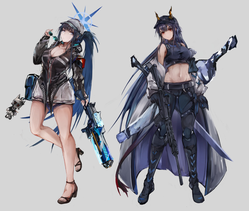 2girls absurdres arknights bare_legs bare_shoulders baseball_cap belt black_belt black_footwear black_gloves black_jacket black_pants black_shirt blue_archive blue_eyes blue_hair breasts ch&#039;en_(arknights) ch&#039;en_(arknights)_(cosplay) ch&#039;en_the_holungday_(arknights) character_doll charm_(object) cleavage coat commentary_request cosplay crop_top doll dragon_horns folded_ponytail full_body gloves grey_background grey_coat grey_headwear gun hand_up hat high_heels highres holding holding_gun holding_removed_eyewear holding_water_gun holding_weapon horns horns_through_headwear ishigami_shizuka jacket kisumun large_breasts leggings long_hair long_sleeves looking_at_viewer medium_breasts midriff multiple_girls navel off_shoulder open_clothes open_coat pants red_eyes rifle saori_(blue_archive) saori_(blue_archive)_(cosplay) shirt simple_background sleeveless sleeveless_shirt standing standing_on_one_leg stomach sunglasses talulah_(arknights) thighs unworn_eyewear very_long_hair voice_actor_connection water_gun weapon