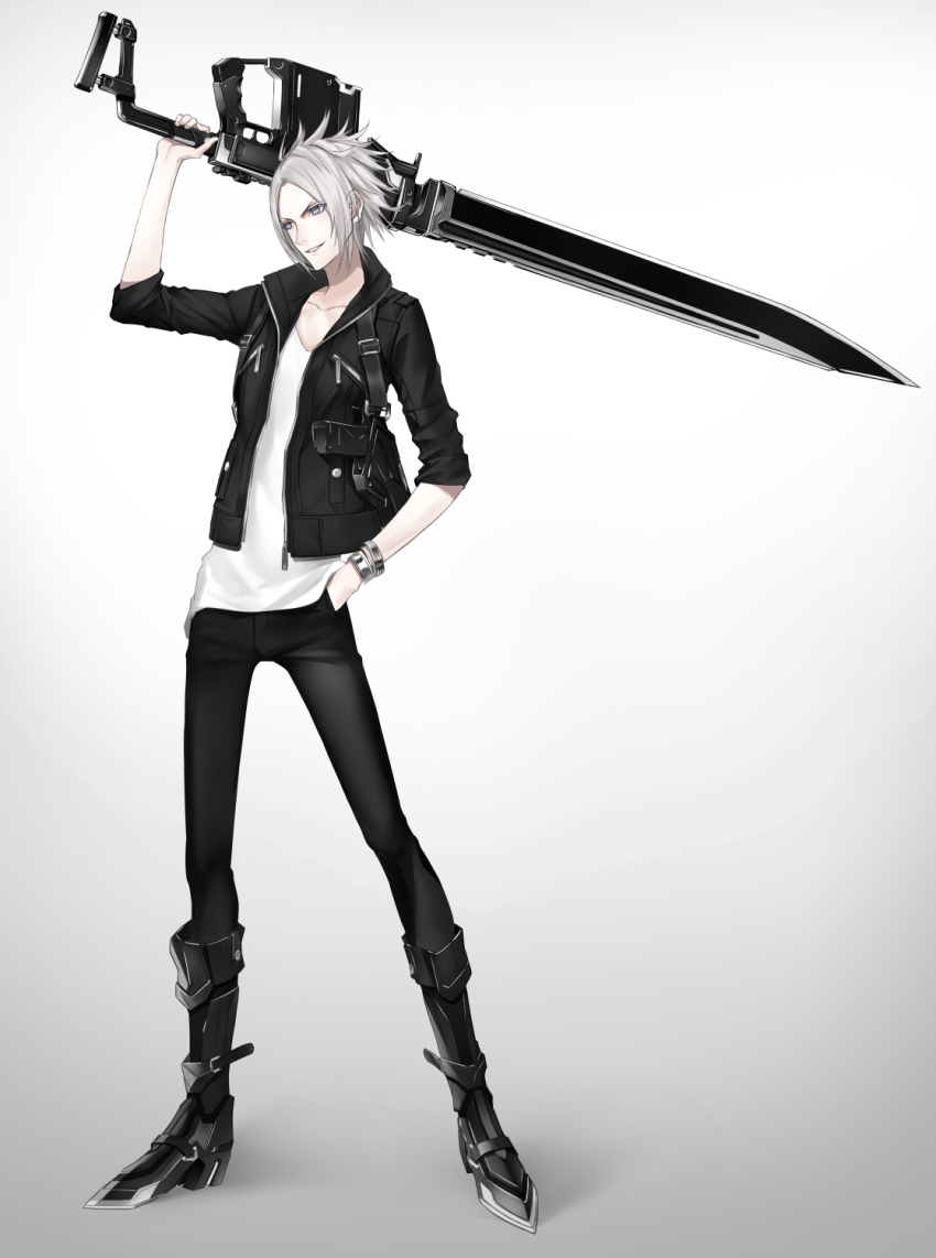 1boy blue_eyes bracelet ears_visible_through_hair eyes_visible_through_hair fingernails gradient_background grey_hair gun gunblade hand_in_pocket handgun highres holding holding_gun holding_sword holding_weapon holster holstered jewelry male_focus mecha_danshi original over_shoulder parted_lips reckless_dog science_fiction sleeves_rolled_up smile solo standing sword weapon weapon_over_shoulder zipper zipper_pull_tab