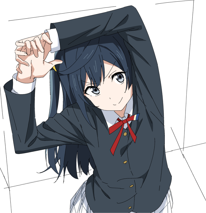 1girl black_hair black_jacket closed_mouth collared_shirt commentary_request grey_eyes hatenoga jacket long_hair long_sleeves looking_at_viewer love_live! love_live!_nijigasaki_high_school_idol_club neck_ribbon nijigasaki_school_uniform one_side_up plaid_clothes plaid_skirt pleated_skirt red_ribbon ribbon school_uniform shirt skirt smile solo stretching v-shaped_eyebrows white_background white_shirt white_skirt winter_uniform yuki_setsuna