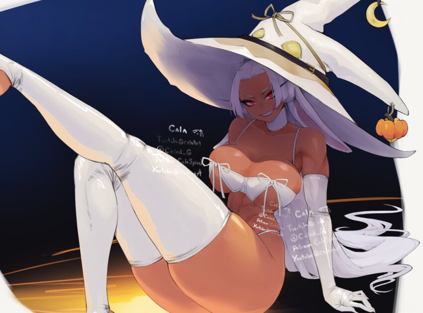 1girl animal_ears artist_name bare_shoulders boku_no_hero_academia breasts cleavage collarbone commentary costume crescent crescent_hat_ornament dark-skinned_female dark_skin elbow_gloves english_commentary feet_out_of_frame female_focus floppy_ears gabriel_carrasquillo gloves halloween halloween_costume hat hat_ornament large_breasts leg_up long_eyelashes long_hair looking_at_viewer mirko parted_bangs pumpkin_hat_ornament rabbit_ears rabbit_girl red_eyes sitting skindentation smile solo thick_thighs thighhighs thighs toned toned_female very_long_hair white_gloves white_hair white_hat white_thighhighs witch witch_hat