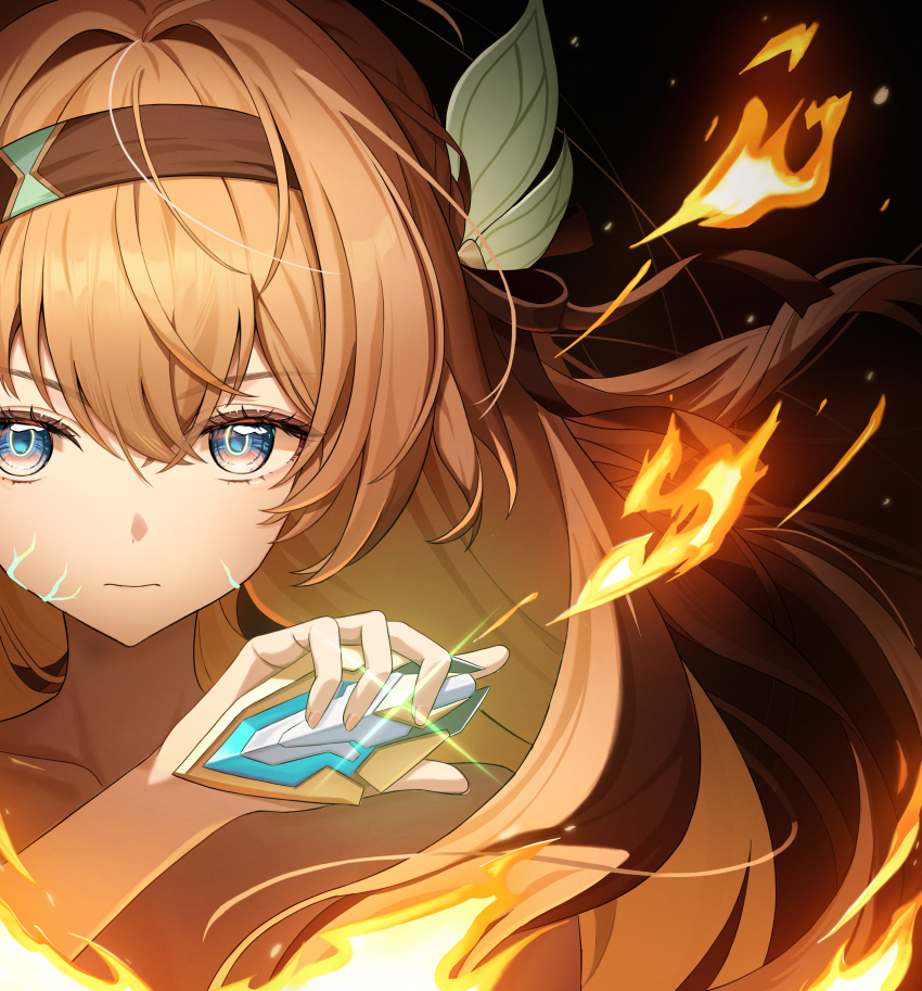 1girl absurdres black_background black_bow black_hairband blue_eyes bow closed_mouth collarbone commentary_request cracked_skin fire firefly_(honkai:_star_rail) floating_hair hair_between_eyes hair_bow hair_intakes hairband hand_up henshin henshin_pose highres holding honkai:_star_rail honkai_(series) kesa_pasa korean_commentary long_hair looking_at_viewer multicolored_eyes nude pink_eyes portrait sidelocks solo two-tone_eyes white_hair