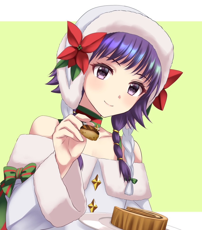 1girl absurdres bare_shoulders cake cake_slice choker christmas fire_emblem fire_emblem:_the_sacred_stones fire_emblem_heroes flower food fork fur_trim hat highres holding holding_fork holding_plate kakiko210 long_sleeves looking_at_viewer low_twintails lute_(fire_emblem) lute_(winter)_(fire_emblem) nintendo off_shoulder official_alternate_costume plate purple_eyes purple_hair red_flower ribbon smile solo twintails upper_body white_hat wide_sleeves