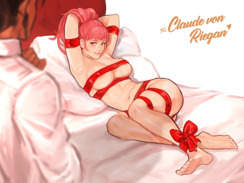 1boy 1girl bare_legs barefoot bdsm beard bed biting_own_lip bondage bound bound_arms bound_wrists breasts brown_hair claude_von_riegan claude_von_riegan_(timeskip) completely_nude covered_erect_nipples facial_hair fire_emblem fire_emblem:_three_houses gift grin highres hilda_valentine_goneril hilda_valentine_goneril_(timeskip) large_breasts legs long_hair looking_at_viewer naked_ribbon nintendo nipple_slip nipples nude on_bed pink_eyes pink_hair ponytail ribbon ribbon_bondage sethkiel short_hair simple_background skindentation smile solo_focus wrapped wrapped_up