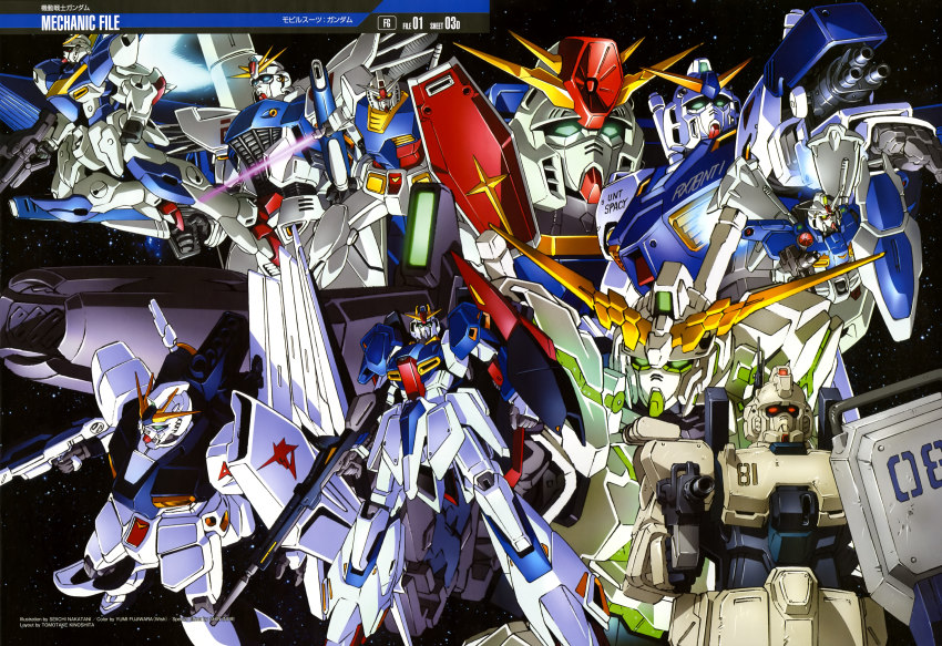 1980s_(style) absurdres beam_rifle energy_sword char&#039;s_counterattack crossover energy_gun energy_sword ez-8_gundam f91_gundam fin_funnels funnels_(gundam) gatling_gun gun gundam gundam_0080 gundam_0083 gundam_08th_ms_team gundam_alex gundam_ez8 gundam_f91 gundam_gp-01_full_vernian_zephyranthes gundam_unicorn gundam_zz highres mecha mobile_suit_gundam no_humans nu_gundam official_art oldschool retro_artstyle robot rx-78-2_gundam shield sword unicorn_gundam v2_gundam victory_gundam weapon zeta_gundam zeta_gundam_(mobile_suit) zz_gundam