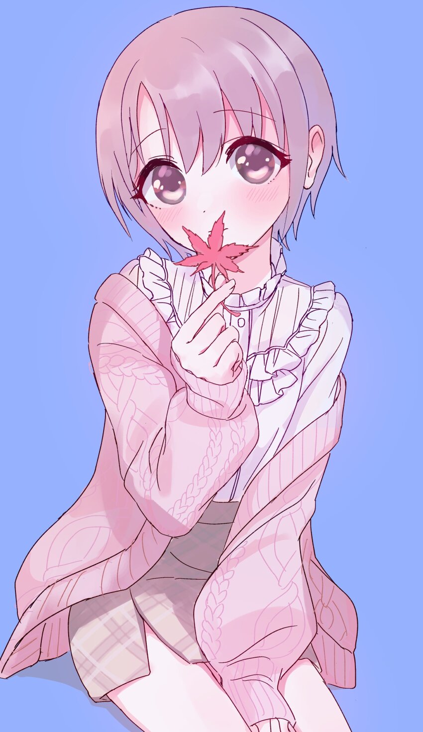 1girl absurdres blue_background blush cardigan frilled_shirt_collar frills grey_eyes grey_hair highres holding holding_leaf idolmaster idolmaster_cinderella_girls kanipoposu leaf looking_at_viewer open_cardigan open_clothes otokura_yuuki short_hair simple_background sitting skirt sleeves_past_wrists solo