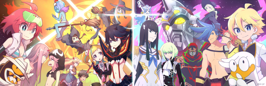 6+boys 6+girls absurdres ahoge alpha_omega_nova andou_jurai aqua_skin arm_up bikini black_eyes black_hair blonde_hair blue_eyes blue_hair blue_neckwear breasts bright_pupils broom broom_riding closed_mouth colored_skin commentary company_connection crossover darling_in_the_franxx diana_cavendish elbow_gloves english_commentary fujikido_kenji galo_thymos gloves green_eyes green_hair gridman_(character) gridman_(ssss) gridman_universe hacka_doll hacka_doll_3 hair_between_eyes hair_over_one_eye hat highres himeki_chifuyu hood hood_up inferno_cop inferno_cop_(character) inou-battle_wa_nichijou-kei_no_naka_de jakuzure_nonon kagari_atsuko kill_la_kill kiryuuin_satsuki kiznaiver kukie-nyan lio_fotia little_witch_academia long_hair looking_at_another looking_at_viewer looking_up machspeed_(character) mask matoi_ryuuko mecha midori_(uchuu_patrol_luluco) multicolored_hair multiple_boys multiple_crossover multiple_girls navel niiyama_nico ninja ninja_slayer open_mouth pectorals pink_hair promare red_hair robot se-chan sex_&amp;_violence_with_machspeed shirt short_hair sidelocks skull smile spiked_hair ssss.gridman standing stuffed_toy sucy_manbavaran sunglasses swimsuit tenga_hajime thick_eyebrows trap trigger-chan trigger_(company) twintails twitter_username two-tone_hair uchuu_patrol_luluco underboob v-shaped_eyebrows white_pupils witch_hat yellow_shirt zero_two_(darling_in_the_franxx)