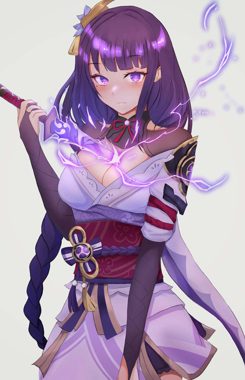 1girl akemi_kiri blush female_focus genshin_impact highres knife long_hair looking_at_viewer pixiv purple_eyes purple_hair raiden_shogun simple_background solo weapon