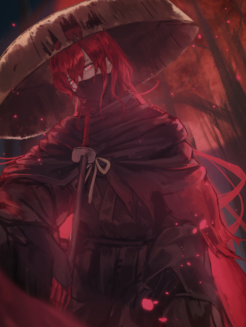 1boy absurdres aito commentary fate/grand_order fate_(series) hair_between_eyes hair_over_one_eye hat highres holding holding_sword holding_weapon japanese_clothes katana long_hair long_sleeves male_focus mask mouth_mask okada_izou_(fate) okada_izou_(second_ascension)_(fate) red_hair sandogasa scarf sword torn_clothes torn_hat weapon