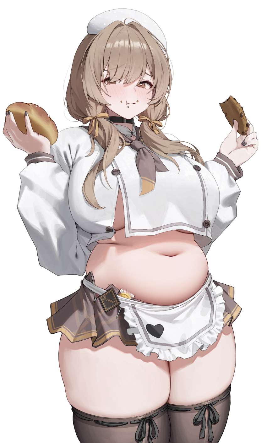 1girl :t absurdres apron belly black_nails blush bread bready_(nikke) breasts brown_eyes brown_hair brown_neckerchief brown_skirt brown_thighhighs candy chef_hat chocolate_chip_cookie commentary cookie cowboy_shot crop_top crop_top_overhang eating fat_rolls food food_on_face goddess_of_victory:_nikke hair_over_eyes hair_over_shoulder hands_up hat highres holding holding_cookie holding_food large_breasts lollipop long_sleeves looking_at_viewer low_twintails microskirt muffin_top nail_polish navel neckerchief nikku_nana patissier plump shirt sideboob skirt solo stomach symbol-only_commentary thick_thighs thighhighs thighs twintails waist_apron white_apron white_background white_hat white_shirt zettai_ryouiki zipper_skirt