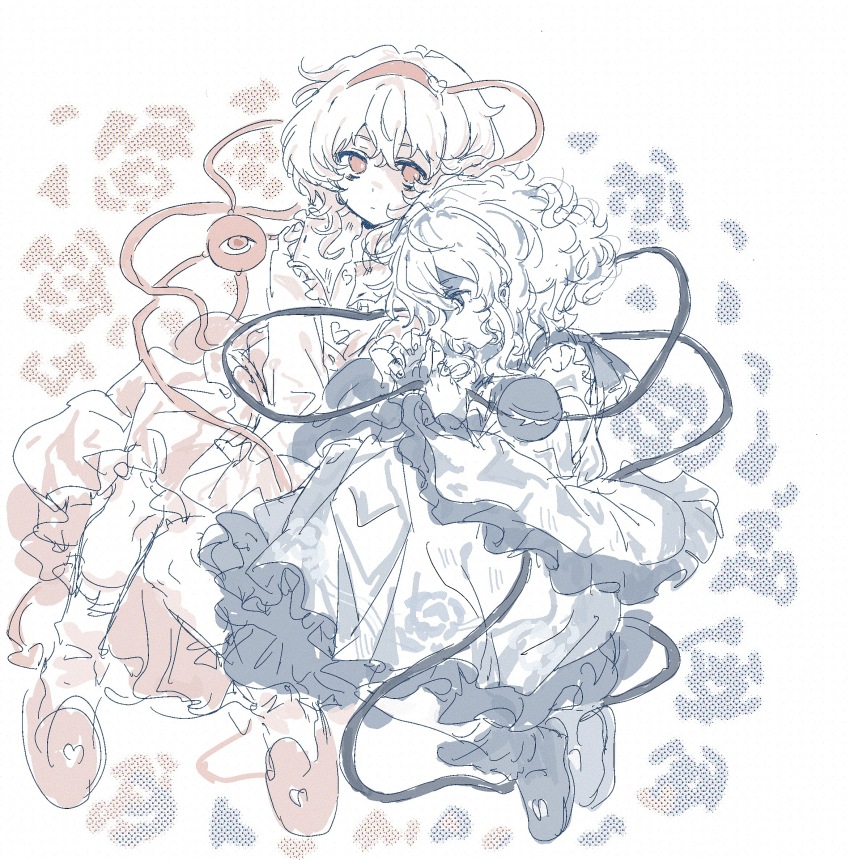 2girls blouse boots chinese_commentary closed_mouth commentary_request fingernails floral_print frilled_shirt_collar frilled_skirt frilled_sleeves frills full_body hair_ornament hairband hands_up heart heart_hair_ornament highres huangdouliuhan komeiji_koishi komeiji_satori long_sleeves looking_at_viewer messy_hair monochrome multiple_girls no_headwear profile red_eyes rose_print shirt short_hair siblings sketch skirt slippers third_eye touhou wide_sleeves