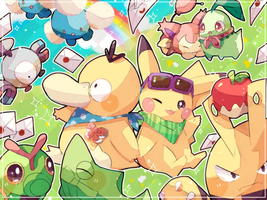 animal_focus applin bird blue_neckerchief blue_skin blue_sky cat caterpie chikorita claws closed_eyes cloud colored_skin commentary_request duck elekid eyewear_on_head fang floating gen_1_pokemon gen_2_pokemon gen_3_pokemon gen_8_pokemon green_neckerchief hanabusaoekaki highres jumpluff leaf letter magnemite magnet metapod neckerchief necktie nintendo no_humans on_grass one-eyed one_eye_closed open_mouth pikachu pink_skin pokemon pokemon_(creature) psyduck rainbow red_eyes red_necktie screw skitty sky solid_oval_eyes sparkling_eyes sunglasses