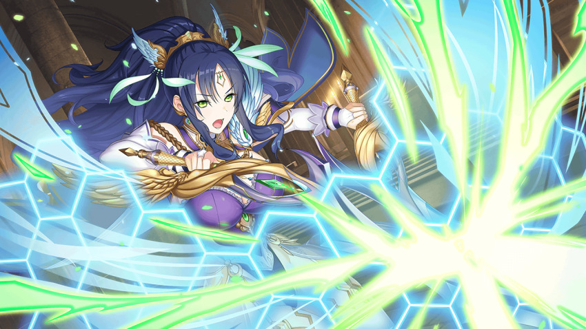 1girl armor attack battle black_hair blonde_hair blue_hair braid breasts cape dana_darrell_domyoji deep_one_kyomu_to_mugen_no_fragment diffraction_spikes duel electricity energy energy_ball energy_sword feathers fingerless_gloves gloves glowing glowing_sword glowing_weapon green_eyes hair_ornament holding holding_sword holding_weapon jewelry laser lightning lightsaber long_hair magic natsuhiko non-web_source open_mouth slashing solo sword weapon