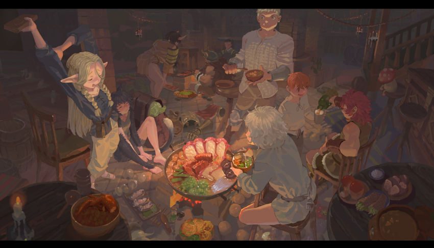 absurdres animal_ears blonde_hair bowl candle cat_ears character_request commentary dungeon_meshi elf food highres holding inutade izutsumi laios_touden letterboxed marcille_donato mushroom oni pointy_ears senshi_(dungeon_meshi) ts_psi_vczzxvc