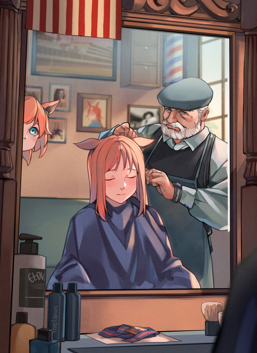1boy 2girls absurdres animal_ears apron aqua_eyes barber barber_pole beard brown_hair ear_ornament facial_hair flat_cap fuyukayui grass_wonder_(umamusume) grey_eyes hat highres horse_ears horse_girl light_brown_hair long_hair mirror multiple_girls mutton_chops old old_man reflection ribbon sidelocks slice_of_life taiki_shuttle_(umamusume) umamusume unworn_ribbon watch white_facial_hair white_hair wristwatch