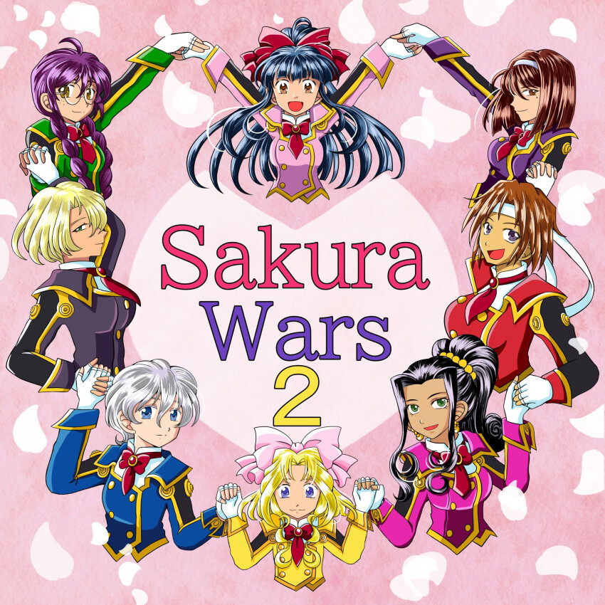 6+girls arms_up black_hair blonde_hair blue_eyes bow braid breasts brown_eyes brown_hair fingerless_gloves glasses gloves green_eyes grey_hair hair_over_one_eye hair_ribbon hairband headband height_difference highres holding_hands interlocked_fingers iris_chateaubriand kanzaki_sumire kirishima_kanna large_breasts looking_at_viewer maria_tachibana medium_breasts military_uniform multiple_girls official_art open_mouth orange_hair ponytail purple_eyes red_bow reni_milchstrasse ri_kouran ribbon sakura_taisen scan sega shinguuji_sakura short_hair sideboob small_breasts soletta_orihime tongue twin_braids