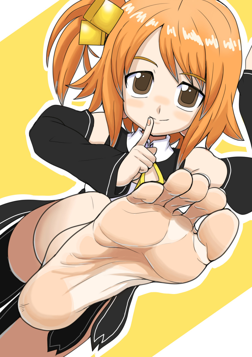 1girl absurdres akage_ruru barefoot brown_eyes dream_c_club dream_c_club_(series) feet finger_to_mouth highres light_blush long_hair looking_at_viewer orange_hair setsu_(dream_c_club) shushing side_ponytail smile soles toes