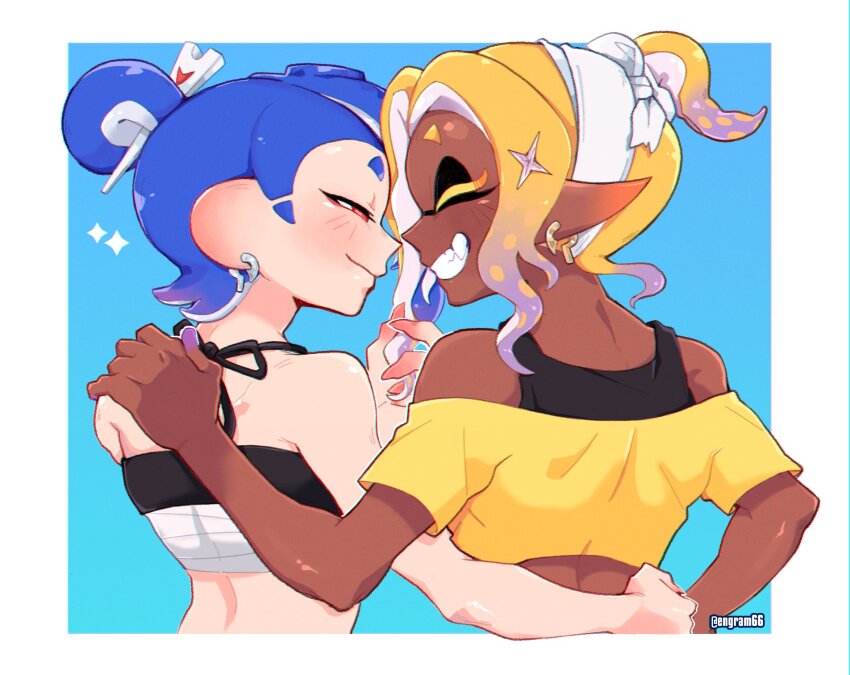 2girls blonde_hair blue_hair chest_sarashi closed_eyes colored_extremities colored_eyelashes crop_top cropped_shirt dark-skinned_female dark_skin earrings engram66 fang fish_hook_earrings from_behind frye_(splatoon) frye_(splatoon_raiders) gradient_hair hand_on_another&#039;s_shoulder hand_on_another&#039;s_waist highres inkling jewelry multicolored_hair multiple_girls nintendo octoling outside_border pointy_ears red_eyes sarashi shirt shiver_(splatoon) shiver_(splatoon_raiders) short_eyebrows smile splatoon_(series) splatoon_raiders tentacle_hair yellow_shirt