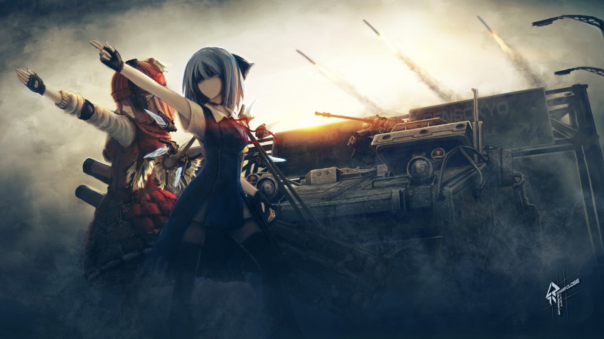 2girls adapted_costume armored_personnel_carrier armored_vehicle autocannon beanie black_thighhighs blue_eyes blue_hair bow cannon cirno contemporary dress fingerless_gloves gloves gun hair_bow hat headphones highres huge_weapon infantry_fighting_vehicle military military_vehicle missile mk44_bushmaster_ii motor_vehicle multiple_girls mystia_lorelei no_nose protector_rws remote_controlled_weapon_station robce_lee short_hair stryker_(afv) stryker_dragoon tank thighhighs touhou vehicle weapon wings