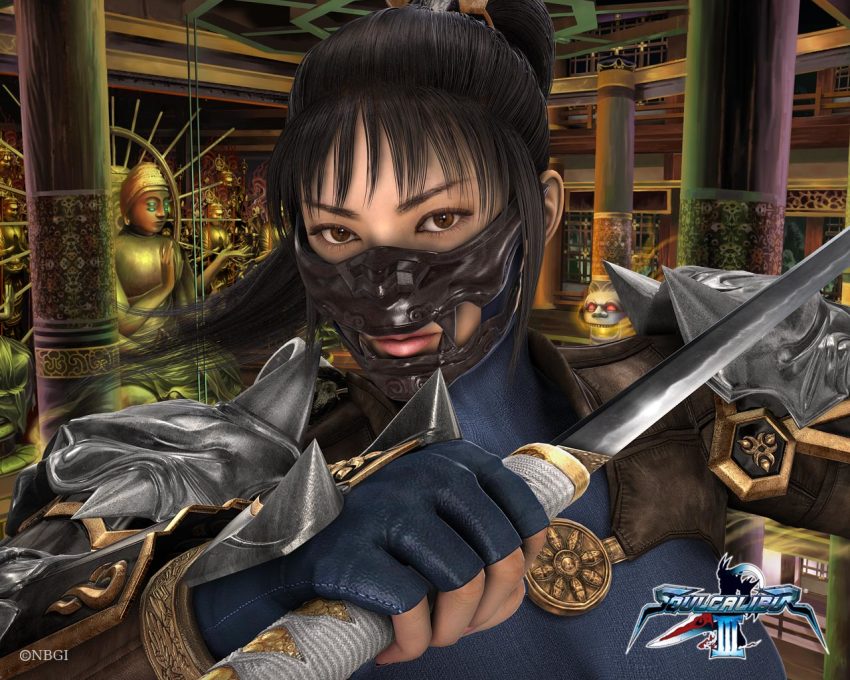 1girl 3d black_hair blue_bodysuit bodysuit breasts brown_eyes buddhism buddhist_temple kodachi large_breasts mask namco official_art ponytail short_sword soul_calibur soulcalibur soulcalibur_iii sword taki_(soulcalibur) temple weapon