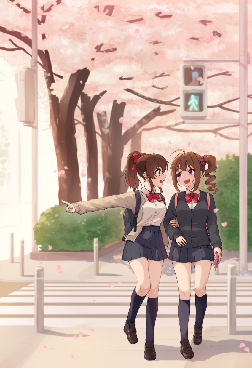 2girls backpack bad_id bad_pixiv_id bag black_socks black_sweater bow bowtie cardigan cherry_blossoms commentary crosswalk day dress_shirt hair_bobbles hair_ornament highres idolmaster idolmaster_million_live! kamille_(vcx68) kneehighs loafers looking_at_another medium_hair multiple_girls open_cardigan open_clothes open_mouth outdoors pointing red_bow red_bowtie satake_minako school_uniform shirt shoes sidelocks smile socks standing standing_on_one_leg sweater tree v-neck walking white_shirt yellow_cardigan yokoyama_nao