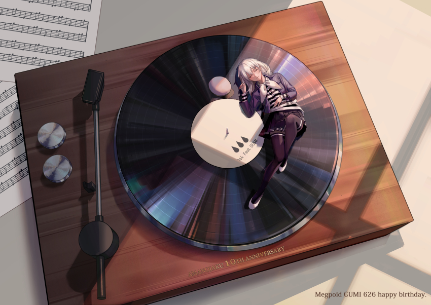 1girl ama_no_jaku_(vocaloid) anniversary black_shirt black_skirt character_name closed_eyes commentary from_above hand_on_own_stomach happy_birthday highres jack_amano jacket lying mallope medium_hair mini_person minigirl miniskirt neckerchief on_back phonograph pleated_skirt purple_jacket purple_thighhighs shadow sheet_music shirt skirt solo song_name striped_clothes striped_shirt tears thighhighs two-tone_shirt vocaloid white_hair white_neckerchief white_shirt wide_shot