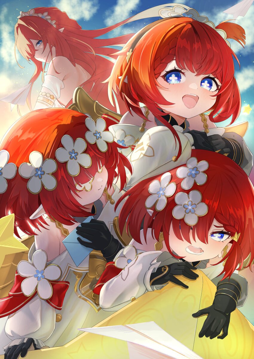 4girls absurdres ancient_greek_clothes angel_wings black_gloves blue_eyes blue_sky commentary_request cross-shaped_pupils dress eye_mask flower gloves greco-roman_clothes hair_flower hair_ornament head_wreath highres holding holding_letter honkai:_star_rail honkai_(series) letter long_hair multiple_girls open_mouth pointy_ears red_hair short_hair sky smile symbol-shaped_pupils trianne_(honkai:_star_rail) tribbie_(honkai:_star_rail) tribios_(honkai:_star_rail) trinnon_(honkai:_star_rail) triplets very_long_hair white_dress wings yonemasakouta