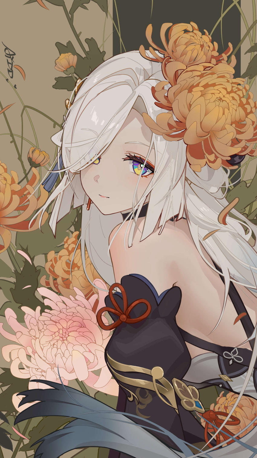 1girl absurdres ai_dongdong bare_shoulders black_sleeves blue_eyes breasts chinese_commentary closed_mouth colored_tips commentary_request detached_sleeves earrings eyes_visible_through_hair flower from_side genshin_impact gradient_hair grey_hair hair_flower hair_ornament hair_over_one_eye highres jewelry light_smile long_hair looking_at_viewer medium_breasts multicolored_eyes multicolored_hair official_alternate_costume orange_flower shenhe_(frostflower_dew)_(genshin_impact) shenhe_(genshin_impact) solo upper_body very_long_hair