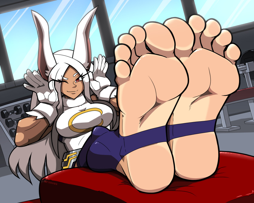 1girl absurdres arms_up barefoot boku_no_hero_academia dark-skinned_female dark_skin female_focus foot_focus gloves gym highres indoors leotard long_hair mirko mostlyfunstuff one_eye_closed rabbit_ears sitting sky soles solo stirrup_legwear toeless_legwear toes window wink