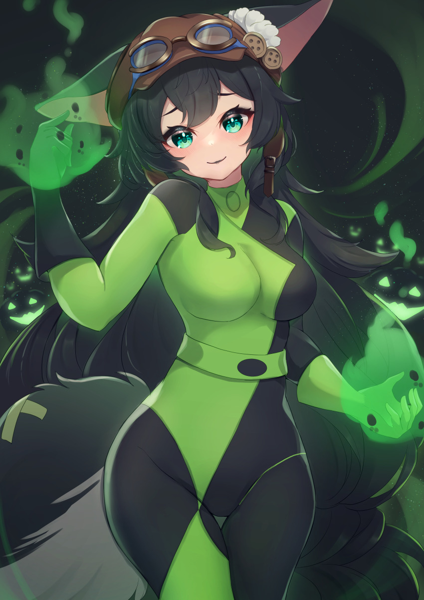1girl absurdres animal_ears animification arm_up asymmetrical_gloves black_bodysuit black_gloves black_hair bodysuit breasts brown_hat newsboy_cap closed_mouth commission copyright_request cosplay fox_ears fox_girl fox_tail gloves glowing goggles goggles_on_headwear green_bodysuit green_eyes green_gloves groin hat highres hinata_(user_rjkt4745) jack-o&#039;-lantern kim_possible_(series) long_hair looking_at_viewer medium_breasts mismatched_gloves multicolored_bodysuit pixiv_commission shego shego_(cosplay) smile solo tail very_long_hair virtual_youtuber