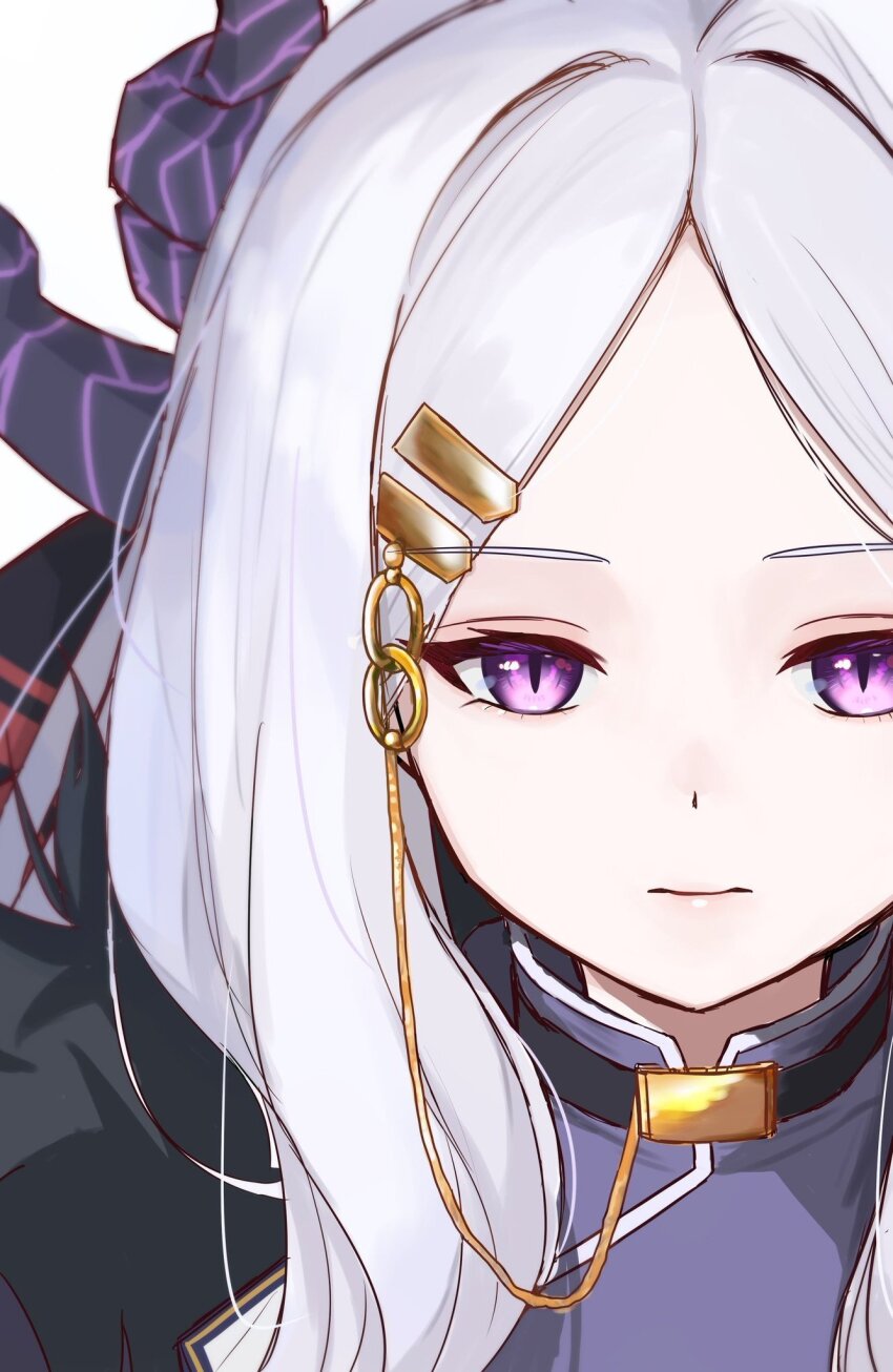 1girl ahoge black_coat blue_archive coat coat_on_shoulders demon_girl demon_horns hair_ornament hairclip highres hina_(blue_archive) horns long_hair looking_at_viewer purple_eyes solo taosabi82 white_hair