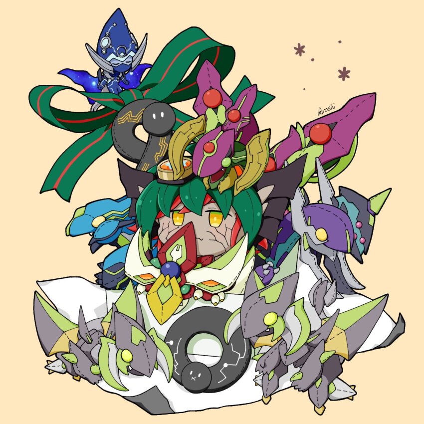 1boy aroshi_ygo_0 artist_name astrograph_sorcerer clear_wing_synchro_dragon cream_background dark_rebellion_xyz_dragon goggles goggles_on_head green_hair highres multicolored_hair odd-eyes_pendulum_dragon red_hair ribbon simple_background starving_venom_fusion_dragon stuffed_animal stuffed_dragon stuffed_toy supreme_king_dragon_darkwurm toy yellow_eyes yu-gi-oh! yu-gi-oh!_arc-v zarc