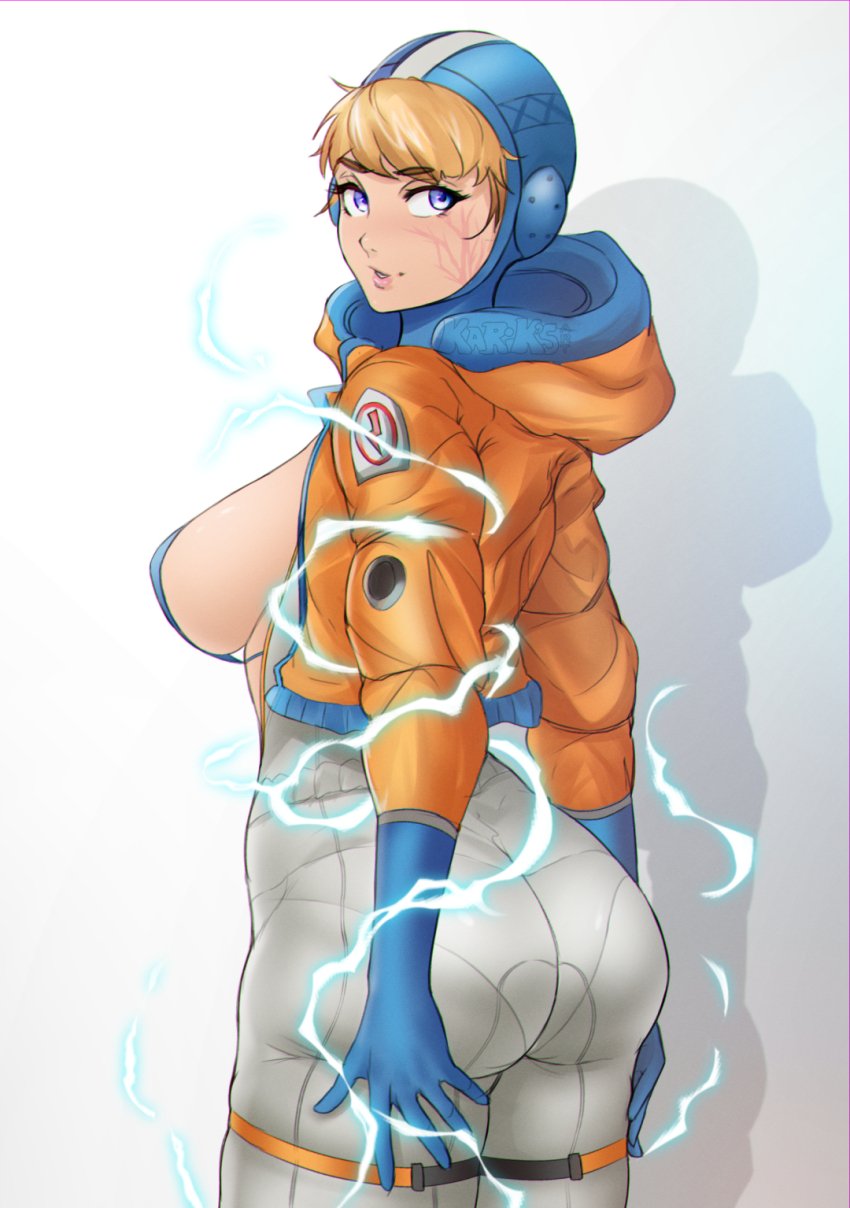1girl animification apex_legends ass blonde_hair blue_gloves electricity facial_scar from_behind gloves highres hood hood_down hooded_jacket jacket kariksart lightning_bolt_symbol looking_to_the_side orange_jacket parted_lips pink_lips scar scar_on_cheek scar_on_face shadow smile solo v-shaped_eyebrows wattson_(apex_legends)