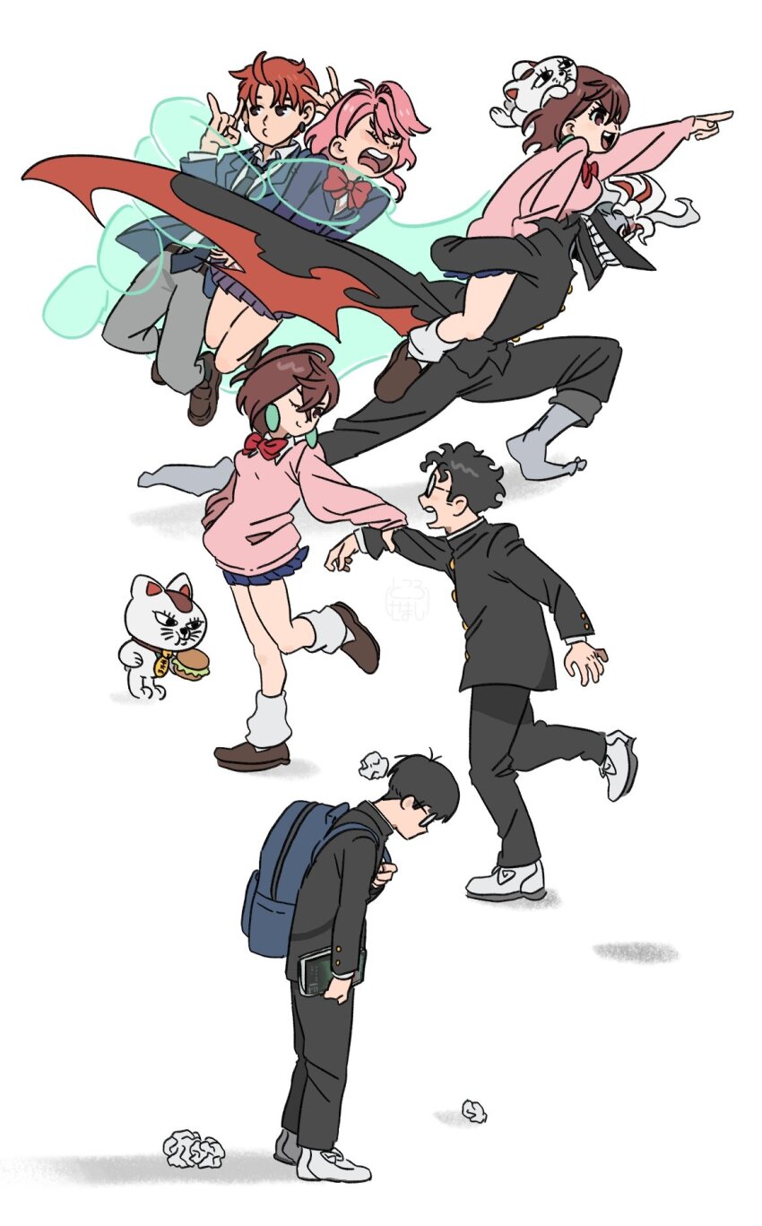 2boys 2girls alternate_form ayase_momo cat dandadan enjoji_jin glasses highres multiple_boys multiple_girls psychic round_eyewear shiratori_aira_(dandadan) simple_background takakura_ken_(dandadan) tokoro_semashi transformation turbo_granny_(dandadan) white_hair