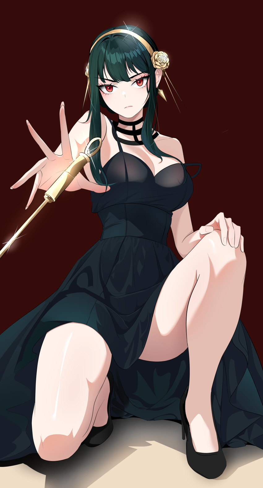1girl absurdres black_dress black_hair breasts cleavage closed_mouth dagger dress gold_hairband hairband high_heels highres knife large_breasts ori33 red_eyes sidelocks solo spy_x_family stiletto_(weapon) weapon yor_briar